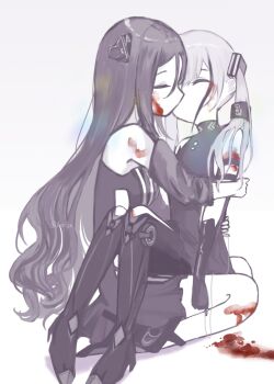 2girls android black_hair bleeding blood blood_on_arm blood_on_face closed_eyes destroyer_(girls'_frontline) dreamer_(girls'_frontline) girls'_frontline highres incest kiss kzr_26 long_hair multiple_girls sangvis_ferri twintails white_background white_hair yuri