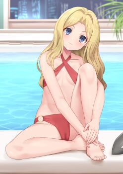 1girl absurdres bare_legs barefoot bikini blonde_hair blue_eyes blurry blurry_background blush breasts cameltoe city closed_mouth commission commissioner_upload feet fingernails frenda_seivelun full_body hair_intakes highres large_variant_set long_hair looking_at_viewer non-web_source official_alternate_costume petite plant poolside red_bikini sitting small_breasts smile solo swimsuit toaru_kagaku_no_railgun toaru_majutsu_no_index toenails toes torimaru variant_set water