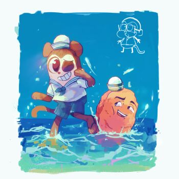 1boy blue_shorts brown_eyes chicken_nuggets dixie_cup_hat food full_body gegagedigedagedago_(meme) grin hat highres lazielamb looking_at_another male_focus max_design_pro meme military_hat monkey one_eye_closed open_mouth sandals shirt shorts smile standing standing_on_one_leg wading water white_shirt