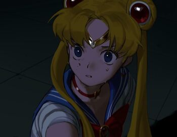 bishoujo_senshi_sailor_moon blonde_hair blue_sailor_collar choker circlet crescent crescent_earrings dark_background double_bun earrings hair_bun hair_over_shoulder heart heart_choker jewelry magical_girl meme parted_bangs red_choker sailor_collar sailor_moon sailor_moon_redraw_challenge_(meme) sailor_senshi_uniform scared sweat sweatdrop tinaren15 twintails upper_body wide-eyed
