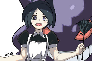 1boy ahoge allister_(pokemon) alternate_costume apron black_dress black_hair blush bright_pupils collared_dress commentary crossdressing crossdressing_(mtf) dress duster enmaided feather_duster gen_1_pokemon gengar gigobyte350 holding korean_text looking_at_viewer maid male_focus male_maid nintendo open_mouth pokemon pokemon_(creature) pokemon_swsh purple_eyes short_hair short_sleeves tearing_up white_apron white_pupils