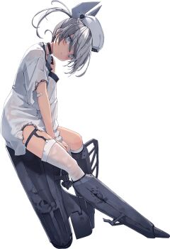 1girl bad_link ballet_boots black_one-piece_swimsuit burnt_clothes dace_(kancolle) dixie_cup_hat full_body garter_straps grey_eyes grey_hair hat headgear kantai_collection looking_at_viewer machinery military_hat official_art one-piece_swimsuit shirt shizuma_yoshinori side_ponytail single_garter_strap single_thighhigh sitting sleeves_past_fingers sleeves_past_wrists solo swimsuit swimsuit_under_clothes thighhighs transparent_background white_hat white_shirt