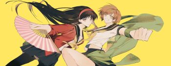 2girls amagi_yukiko black_hair black_pantyhose black_sailor_collar black_skirt breasts brown_hair closed_mouth feet_out_of_frame folding_fan hairband hand_fan highres holding holding_fan humidifier_xd long_hair medium_breasts midriff_peek multiple_girls neckerchief pantyhose parted_lips persona persona_4 persona_4_the_golden red_hairband red_shirt sailor_collar satonaka_chie school_uniform shirt short_hair skirt smile teeth white_shirt wristband yasogami_school_uniform yellow_background yellow_neckerchief