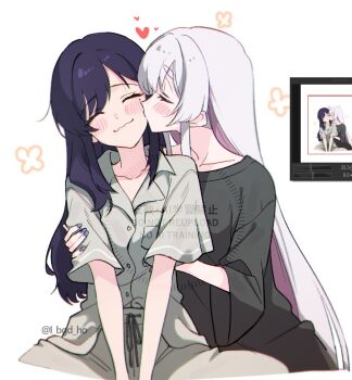 Rule 34 | 2girls, art program in frame, black shirt, cho kaguya-hime!, closed eyes, closed mouth, colored inner hair, commentary, grey pants, grey shirt, hand on another's waist, hashtag-only commentary, heart, i bgd ho, kiss, kissing cheek, long hair, mole, mole under eye, multicolored hair, multiple girls, pants, pink hair, purple hair, purple nails, runami yachiyo, sakayori iroha, shirt, simple background, smile, watermark, white background, white hair, yuri