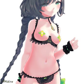1girl 3: aldina_(vrchat) areola_slip arm_at_side arm_behind_back bandaid bandaids_on_nipples bare_arms bare_shoulders black_bra black_choker black_collar black_panties blush bow bow_bra bow_panties bra bra_pull braid breast_cutout breastless_clothes breasts breasts_out choker clenched_hand closed_mouth clothes_pull collar collarbone covered_erect_nipples cowboy_shot cross cross_pasties crossed_bandaids crotchless crotchless_panties cupless_bra embarrassed eyes_visible_through_hair frilled_bra frilled_panties frills frown gluteal_fold green_bow green_eyes green_ribbon grey_eyes grey_hair hair_between_eyes hair_bow hair_over_one_eye hair_ribbon half-closed_eyes hand_up heterochromia jewelry lace lace-trimmed_panties lace_bra lace_panties lace_trim lingerie long_hair looking_at_viewer low_twin_braids low_twintails medium_breasts multicolored_hair navel panties pasties pendant ribbon signature simple_background slit_pupils solo standing stomach streaked_hair swept_bangs twin_braids twintails underwear underwear_only unity_(medium) v-shaped_eyebrows very_long_hair vrchat white_background wrist_cuffs wristband yorshkasencho