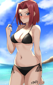 1girl :/ absurdres arm_behind_back bikini black_bikini blue_eyes blue_sky blush breasts cleavage closed_mouth cloud code_geass collarbone cowboy_shot day hair_intakes highres kouzuki_kallen large_breasts looking_at_viewer mori_heichi navel ocean outdoors playing_with_own_hair red_hair short_hair side-tie_bikini_bottom signature sky solo stomach strap_gap swimsuit water
