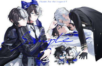 2boys ^_^ absurdres aiguillette akinoshuuya animal_hat arm_support belt_collar black_collar black_gloves black_hair black_hat black_jacket black_necktie black_shirt blue_eyes blue_hat blue_vest blush_stickers borrowed_character boy_on_top brothers cat_hat chibi closed_eyes closed_mouth collar collared_shirt commission cowboy_shot curtained_hair expressionless eye_contact facial_mark facial_tattoo flame_tattoo gloves hair_between_eyes half_gloves hat highres holding_hands hug hug_from_behind incest jacket long_sleeves looking_at_another looking_at_viewer lying male_focus mihuashi_commission multicolored_hair multiple_boys multiple_views necktie octopus_print off_shoulder on_back pants parted_lips peaked_cap rujing_yingxuan sample_watermark shirt short_hair siblings sideways_glance simple_background single_sidelock smile split-color_hair tattoo tentacles thank_you twins two-tone_hair upper_body vest watermark white_background white_hair white_jacket white_pants white_shirt x_(symbol) x_facial_mark x_hat_ornament yao_mujing yao_muxuan yaoi zipper