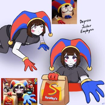 1boy 2girls all_fours asymmetrical_gloves bag black_hair blush_stickers breasts brown_hair doll_girl employee_uniform eyepatch fast_food fast_food_uniform female_focus hat jax_(the_amazing_digital_circus) jester_cap looking_at_viewer medium_breasts medium_hair mismatched_gloves multicolored_eyes multiple_girls paper_bag photo-referenced pomni_(the_amazing_digital_circus) pout rabbit_boy ragatha_(the_amazing_digital_circus) sun21747225 the_amazing_digital_circus