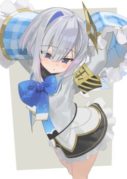 1girl aiguillette amane_kanata amane_kanata_(1st_costume) angel angel_wings armband arms_up asymmetrical_bangs asymmetrical_hair black_dress blue_bow blue_bowtie blue_hair blue_wings blush bob_cut border bow bowtie colored_inner_hair commentary cowboy_shot cropped_jacket dot_nose double-parted_bangs dress dynamic_pose feathered_wings frilled_cuffs frilled_dress frills gingham_sleeves gradient_wings grey_background grey_hair grey_jacket hair_between_eyes hair_over_one_eye halo head_tilt highres hololive jacket koyo2023 long_sleeves looking_down mini_wings multicolored_hair multicolored_wings outside_border pink_streaks purple_eyes raised_eyebrows sailor_collar shirt short_hair sidelocks simple_background single_hair_intake sleeve_cuffs sleeves_past_fingers sleeves_past_wrists solo standing star_halo streaked_hair tilted_halo tsurime turtleneck turtleneck_dress untranslatable_commentary virtual_youtuber white_border white_sailor_collar white_shirt white_wings wide_sleeves wings yellow_armband