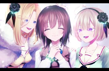 3girls aoi_erika black_flower black_hair black_hairband black_rose blonde_hair blue_eyes bracelet commentary_request flower grey_hair hair_flower hair_ornament hairband hand_on_another's_shoulder headpat heaven_burns_red highres jewelry looking_at_another minase_ichigo minase_sumomo moa_hb multiple_girls purple_eyes rose school_uniform short_hair