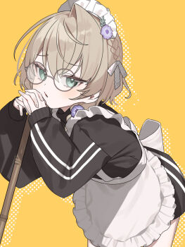 1girl absurdres apron aqua_eyes blush braid commentary_request cowboy_shot expressionless flower glasses hair_between_eyes hair_flower hair_ornament head_rest highres jersey_maid looking_at_viewer low_twin_braids maid maid_apron maid_headdress medium_hair nijisanji nikuya_mugi own_hands_clasped own_hands_together solo twin_braids unconventional_maid virtual_youtuber yaguruma_rine yellow_background