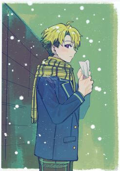 1boy ahoge black_pants blazer blonde_hair blue_jacket blush border curtained_hair dnm5rocfa8yskqw earrings ensemble_stars! eyelashes fingernails fringe_trim from_side hands_up hatching_(texture) holding holding_paper jacket jewelry lapels light_frown linear_hatching long_sleeves looking_at_viewer male_focus narukami_arashi notched_lapels outdoors outside_border pants paper parted_bangs plaid_clothes plaid_pants plaid_scarf profile purple_eyes scarf school_uniform short_hair snowing solo standing stud_earrings undercut white_border white_trim yellow_scarf yumenosaki_school_uniform