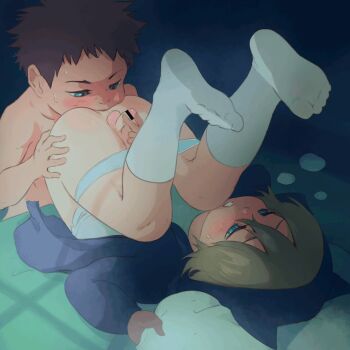 2boys anilingus animated animated_gif bar_censor blonde_hair blue_eyes bottomless censored kodomo_doushi erection foreskin handjob indoors legs_up lunaflame lying male_focus multiple_boys on_back on_bed original penis pillow pillow_grab shota small_penis sweat sweatdrop testicles underwear_around_leg yaoi