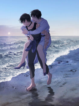 2girls beach black_choker black_hair black_pants black_shirt carrying choker commentary_request happy high_heels highres holding holding_shoes holding_unworn_clothes jewelry jj59u jujutsu_kaisen multiple_girls necklace no_shoes ocean pants parted_lips piggyback sand shirt shoes short_hair sleeveless sleeveless_shirt smile teeth unworn_shoes walking zen'in_mai zen'in_maki