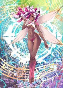 1girl bikini breasts cleavage dark-skinned_female dark_skin dreadlocks fairy fairy_wings looking_at_viewer lukyyuki medium_breasts medium_hair mujika_yotogi multicolored_hair navel pink_bikini pink_hair red_eyes solo streaked_hair swimsuit white_bikini wings wixoss wixoss_diva(a)live