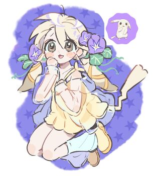 Rule 34 | 1girl, absurdres, blonde hair, brown eyes, commentary, flower, full body, gen 1 pokemon, hair flower, hair ornament, highres, jacket, kerberos (kerbe ), leg warmers, looking at viewer, morning glory, nintendo, open mouth, peakychu, personification, pikachu, pokemon, pokemon (creature), pokemon pokopia, purple flower, reference inset, see-through clothes, see-through jacket, shoes, simple background, solo, twintails, white background, white leg warmers, yellow shoes