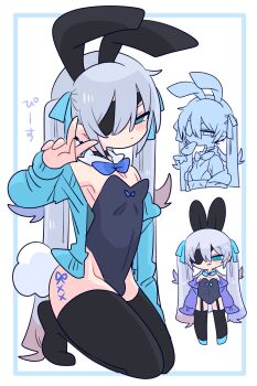 1boy :/ :3 animal_ear_hairband animal_ears armpits bare_shoulders black_choker black_hairband black_leotard black_thighhighs blue_bow blue_bowtie blue_cardigan blue_eyes blue_hair blue_shoes blush bow bowtie bra bulge cardigan carrot choker collarbone colored_tips commentary crossdressing crossdressing_(mtf) detached_collar double-parted_bangs earclip eyepatch fake_animal_ears fake_tail flipped_hair food_in_mouth from_side full_body hair_between_eyes hair_bow hairband hand_up highleg highleg_leotard highres kneeling leotard light_blush long_hair long_sleeves male_focus male_playboy_bunny multicolored_hair multiple_views narrowed_eyes no_nose no_shoes off_shoulder one_eye_covered op_na_yarou open_cardigan open_clothes original playboy_bunny quad_tails rabbit_ear_hairband rabbit_ears rabbit_tail red_hair rigel_(op_na_yarou) shoes sidelocks simple_background sleeves_past_fingers sleeves_past_wrists standing straight_hair strapless strapless_leotard tail thighhighs thighs trap underwear upper_body v very_long_hair watermark white_background white_hair