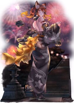 1girl alternate_costume animal_ears anthuria bag bare_shoulders bareback blush breasts detached_sleeves erune female_focus fireworks floral_print flower granblue_fantasy hair_ornament handbag highres japanese_clothes kimono long_hair looking_at_viewer night numaguro_(tomokun0808) print_kimono red_eyes red_hair sandals sash sideboob sky solo wide_sleeves yukata