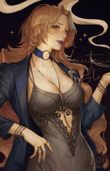1girl absurdres artist_logo black_background black_chemise black_jacket blonde_hair blue_choker blue_eyes blue_jacket blush bracelet breasts character_name chemise choker cleavage closed_mouth commentary french_commentary gold_bracelet gold_nails hand_on_own_hip highres holding holding_smoking_pipe jacket jewelry lace-trimmed_chemise large_breasts logo long_hair multiple_bracelets multiple_rings necklace_between_breasts o-ring o-ring_choker parted_bangs path_to_nowhere purple_lips ring smoke smoke_trail smoking_pipe solo vautour_bleu_(path_to_nowhere) yuki_lu