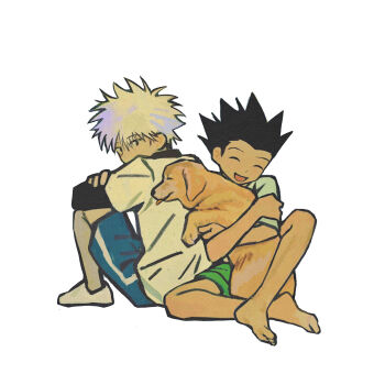 2boys ^_^ barefoot black_hair closed_eyes dog gon_freecss hunter_x_hunter killua_zoldyck long_sleeves male_focus mizukiyoi multiple_boys open_mouth short_hair shorts sitting smile spiked_hair white_background white_hair