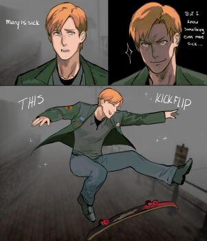 1boy bad_id bad_twitter_id black_footwear blonde_hair blue_eyes blue_pants commission game_screenshot_background green_jacket grey_shirt highres jacket james_sunderland pants screenshot_background second-party_source shirt silent_hill_(series) silent_hill_2 skateboard smile sparkle tirtyturtle