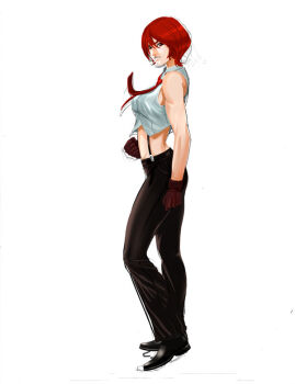 1girl ass badly_tagged_upload breasts female_focus formal_clothes from_side gloves large_breasts leather legadovisual looking_at_viewer pale_skin pants red_eyes red_hair shirt shoes short_hair standing the_king_of_fighters thick_thighs thighs vanessa_(kof) white_shirt wide_hips