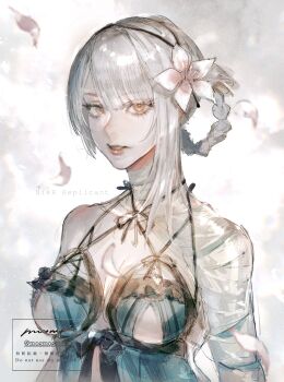 Rule 34 | 1girl, absurdres, artist name, bandaged arm, bandaged neck, bandages, blue negligee, blunt bangs, braid, braided hair rings, breasts, brown eyes, cleavage, falling petals, flower, grey hair, hair flower, hair ornament, hair rings, highres, kaine (nier), looking at viewer, medium breasts, moony (mogmogmelt), nier (series), parted bangs, parted lips, petals, single bare shoulder, single sidelock, solo, twitter username, underboob, upper body, white flower, white petals