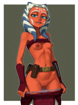1girl absurdres ahsoka_tano ai-generated alien aroused bare_shoulders belt_buckle belt_pouch biting_own_lip blue_eyes border breasts brown_lips buckle clitoris clothes_lift clothes_pull colored_skin commentary dark_nipples energy_sword english_commentary facial_tattoo highres lekku_(anatomy) lightsaber looking_at_viewer medium_hair nipples no_bra orange_skin outside_border panties pants pants_pull pelvic_curtain perky_breasts petite pink_panties pouch pulling_own_clothes pussy pussy_juice red_tube_top small_breasts solo standing star_wars star_wars:_the_clone_wars_(2008_tv_series) strapless sword tattoo thigh_gap tube_top tube_top_lift uncensored underwear undressing vambraces virtualnep weapon white_border wide_hips