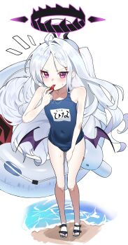 1girl absurdres ahoge amiris_(amiris76455574) beach black_halo blue_archive blue_one-piece_swimsuit blush demon_girl demon_horns demon_wings full_body hair_ornament hairclip halo highres hina_(blue_archive) hina_(swimsuit)_(blue_archive) horns long_hair looking_at_viewer low_wings name_tag ocean old_school_swimsuit one-piece_swimsuit parted_bangs pink_eyes purple_eyes purple_wings sandals school_swimsuit solo standing sweat swim_ring swimsuit water waves whistle whistle_around_neck white_background white_hair wings
