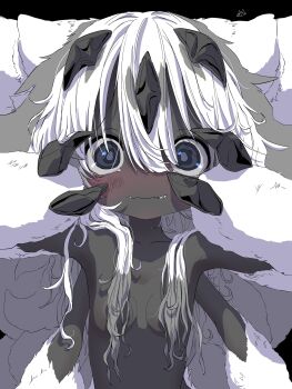 1girl absurdres bare_shoulders black_background blush body_fur breasts claws closed_mouth collarbone colored_eyelashes colored_skin dark-skinned_female dark_skin dot_nose extra_arms faputa fewer_digits grey_eyes grey_skin hair_between_eyes hair_over_breasts hair_over_eyes highres limited_palette loli long_hair long_hair_between_eyes looking_at_viewer made_in_abyss messy_hair monster_girl sekaineko_001 sharp_teeth simple_background small_breasts solo teeth upper_body very_long_hair white_fur white_hair wide-eyed