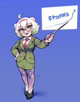 1girl animal_ears arrow_(symbol) bestfriendforever blue_background breasts business business_suit buttons chart commentary english_commentary ferret ferret_ears ferret_girl formal_clothes glasses graph green_eyes green_hair green_jacket highres holding holding_pointer indie_virtual_youtuber jacket laimu_(vtuber) looking_at_viewer meme multicolored_hair necktie office office_lady original pointer short_hair simple_background smile solo stonks_(meme) suit vinesauce virtual_youtuber white_hair whiteboard