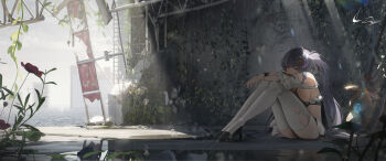 1girl black_footwear breasts building flower green_eyes grey_hair hair_between_eyes high_heels highres ivy large_breasts long_hair luenar multicolored_hair ocean on_floor original overgrown plant polearm ponytail poppy_(flower) puddle rebar red_eyes red_flower reflection reflective_liquid rubble ruins skyscraper thighhighs torn_clothes torn_thighhighs water weapon weeds white_thighhighs