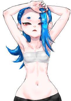 1girl arm_on_own_head armpits arms_up black_pants blue_hair breasts cephalopod_eyes chest_sarashi collarbone covered_erect_nipples cowboy_shot earrings expressionless fingernails groin hair_over_one_eye hands_on_own_head highres humanization jewelry koharu2.5 long_fingernails long_hair looking_at_viewer lowleg lowleg_pants multiple_earrings navel nintendo pale_skin pants red_eyes red_nails sarashi sharp_fingernails shiver_(splatoon) simple_background small_breasts solo splatoon_(series) translucent_hair white_background wide_hips