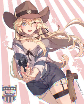 Rule 34 | 1girl, blue eyes, boots, breasts, brown boots, brown hat, character name, commentary request, cowboy hat, cowgirl (western), denim, denim shorts, gun, hair between eyes, handgun, hat, highres, himeyamato, holding toy gun, iowa (kancolle), iowa (setsubun) (kancolle), kantai collection, large breasts, long hair, looking at viewer, official alternate costume, one eye closed, revolver, shirt, shorts, solo, star-shaped pupils, star (symbol), striped clothes, striped shirt, symbol-shaped pupils, thigh strap, toy gun, very long hair, weapon