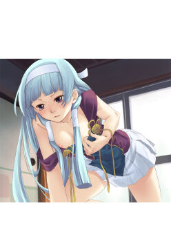 1girl blue_hair blush breasts hairband highres kannagi long_hair nagi naughty_face nipples no_bra open_mouth pleated_skirt pua purple_eyes skirt small_breasts white_skirt