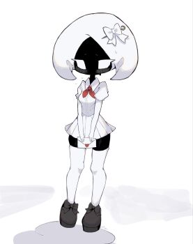 17hornet77987 1girl arthropod_girl black_skin blush bow brown_shoes collared_shirt colored_skin envelope full_body hair_bow highres holding holding_envelope hollow_knight hollow_knight:_silksong lace_(hollow_knight) letter looking_at_viewer love_letter neckerchief needle_(hollow_knight) puffy_short_sleeves puffy_sleeves red_neckerchief school_uniform serafuku shirt shoes short_sleeves solo standing thighhighs white_bow white_eyes white_serafuku white_skin white_thighhighs zettai_ryouiki