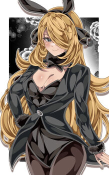 1girl absurdres animal_ear_hairband animal_ears blonde_hair blush border breasts cleavage closed_mouth coat commentary_request cowboy_shot cynthia_(pokemon) fake_animal_ears fur_collar fur_trim grey_eyes hair_ornament hair_over_one_eye hairband highres long_hair long_sleeves looking_at_viewer nintendo pantyhose pokemon pokemon_dppt rabbit_ear_hairband rabbit_ears shiki_(kisikisi1007) smile solo tailcoat_playboy_bunny very_long_hair white_border