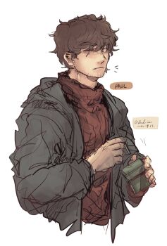 1boy animification beard_stubble blue_coat brown_eyes brown_hair character_name coat commentary cropped_torso dated dud_cao eddsworld facial_hair highres holding looking_at_viewer male_focus mature_male one_eye_closed open_clothes open_coat paul_(eddsworld) red_sweater scar scar_across_eye scar_on_face short_hair signature simple_background sketch solo stubble sweater thick_eyebrows turtleneck turtleneck_sweater white_background