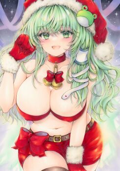 1girl 2424yume absurdres alternate_costume bell belt blush breasts brown_belt collarbone commentary_request covered_erect_nipples frog_hair_ornament fur-trimmed_gloves fur-trimmed_headwear fur_trim gloves green_eyes green_hair hair_ornament hair_tubes hat highres kochiya_sanae large_breasts long_hair marker_(medium) midriff navel neck_bell open_mouth red_gloves red_hat red_shorts santa_costume shorts single_hair_tube smile snake_hair_ornament solo touhou traditional_media very_long_hair