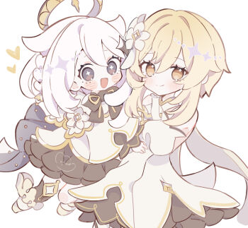 2girls :d absurdres bare_shoulders black_bow black_bowtie blonde_hair blush blush_stickers boots bow bowtie brown_eyes closed_mouth commentary_request double-parted_bangs dress genshin_impact hair_between_eyes halo heart highres koronothu long_hair looking_at_viewer lumine_(genshin_impact) multiple_girls open_mouth paimon_(genshin_impact) simple_background sleeveless sleeveless_dress smile upper_body white_background white_boots white_dress white_hair white_sleeves yellow_eyes yellow_halo