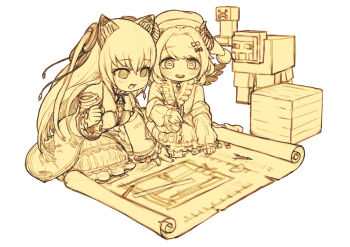 2girls @_@ animal_ears arm_support blueprint_(object) blush bow cable character_request commentary_request compass_(instrument) copyright_request creature creeper dot_nose eraser feral_lemma frills hair_between_eyes hair_bow holding holding_pencil horns kneeling long_hair long_sleeves medium_hair minecraft monochrome monster multiple_girls nora_cat nora_cat_channel open_mouth pencil pom_pom_(clothes) protractor ruler sheep_(minecraft) simple_background skirt tareme virtual_youtuber white_background