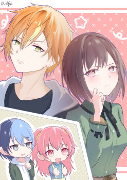 Rule 34 | 2boys, 2girls, absurdres, aoyagi touya, black ribbon, brown hair, green eyes, green shirt, grey eyes, highres, hood, hoodie, looking at another, momoi airi, multicolored hair, multiple boys, multiple girls, oekkjan, open mouth, pink eyes, pink hair, project sekai, ribbon, shinonome akito, shinonome ena, shirt, short twintails, siblings, twintails, white hoodie