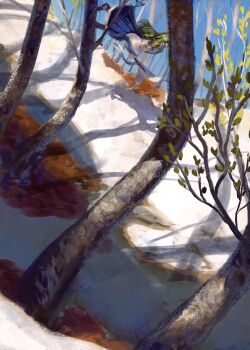 Rule 34 | 1girl, absurdres, blue skirt, blue sky, commentary request, covered face, detached sleeves, dutch angle, flying, forest, from side, full body, gohei, green hair, highres, holding, holding gohei, kochiya sanae, leaf, long hair, long skirt, midair, mud, nanaironokabi, nature, outdoors, pleated skirt, scenery, shadow, shirt, sidelocks, skirt, sky, snow, solo, touhou, tree, white shirt, white sleeves, wide shot, wide sleeves