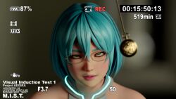 1girl 20s 3d alternate_costume animated arm_up armlet arms_up bare_shoulders battery_indicator belt belt_pouch black_shirt blender_(medium) blinking blue_hair breasts camera chair cleavage cleavage_cutout clock clothing_cutout couch dazed dead_or_alive dead_or_alive_6 falling female_focus glasses gloves glowing glowing_clothes glowing_lines green_eyes grey_gloves grey_shirt hair_between_eyes halterneck head_down highres hypnosis indoors interior jewelry light_blue_hair looking_at_viewer medium_breasts midriff mind_control monitor nico_(doa) parted_lips pendulum pocket_watch pouch rolling_eyes screen self_hypnosis shirt shorts sitting sleeveless solo spiral straight_hair submission swinging talking tecmo timestamp upper_body video viewfinder vynil watch watching white_shirt white_shorts