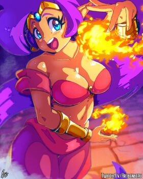 1girl arabian_clothes artbenbeau bandeau belly_dancing big_hair blue_eyes bracer breasts cleavage dancer dark-skinned_female dark_skin earrings genie harem_pants highres hoop_earrings jewelry large_breasts long_hair looking_at_viewer navel o-ring o-ring_top open_mouth pants pointy_ears ponytail purple_hair shantae shantae_(series) smile solo tan tiara very_long_hair