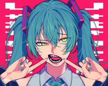 1girl absurdres alternate_eye_color aqua_hair aqua_nails aqua_trim braces crossed_bangs detached_sleeves gerokizoku green_eyes grey_shirt half-closed_eye hatsune_miku head_tilt highres looking_at_viewer open_mouth pointing pointing_at_self portrait raised_eyebrow shirt solo teeth twintails twitter_username vocaloid
