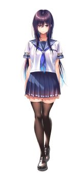 1girl amakano_2 arms_at_sides black_shoes black_thighhighs blue_neckerchief blue_skirt breasts closed_mouth collarbone full_body green_eyes hair_between_eyes himiyama_rei large_breasts loafers long_hair looking_at_viewer neckerchief official_art piromizu pleated_skirt purple_hair school_uniform serafuku shirt shoes short_sleeves simple_background skirt solo standing tachi-e thighhighs transparent_background white_shirt zettai_ryouiki