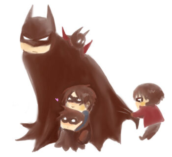 5boys batman batman_(series) black_hair brothers bruce_wayne cape chibi dc_comics dick_grayson domino_mask eye_mask family father_and_son hug jason_todd male_focus mask multiple_boys nightwing red_hood_(dc) robin_(dc) siblings terry_mcginnis tim_drake