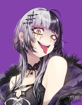 1girl antenna_hair black_choker black_hair black_jacket blunt_bangs breasts choker cleavage commentary crazy_eyes crazy_smile cross cross_earrings earrings fur-trimmed_jacket fur_trim grey_hair highres hololive hololive_english jacket jewelry large_breasts makeup mosboru multicolored_hair off_shoulder piercing purple_background raised_eyebrow runny_makeup shiori_novella signature smile solo split-color_hair tongue tongue_out tongue_piercing two-tone_hair virtual_youtuber yellow_eyes