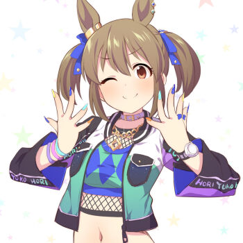 1girl ;) animal_ears blue_bow blue_nails bow breasts brown_eyes brown_hair character_request closed_mouth collar commentary_request cosplay cropped_jacket glint green_jacket hair_bow hands_up horse_ears idolmaster jacket kemonomimi_mode long_sleeves multicolored_nails nail_polish navel one_eye_closed open_clothes open_jacket orange_nails purple_collar simple_background small_breasts smile solo star_(symbol) tosen_jordan_(jokester_vibes)_(umamusume) tosen_jordan_(umamusume) tosen_jordan_(umamusume)_(cosplay) twintails uccow umamusume upper_body white_background wrist_cuffs yellow_nails